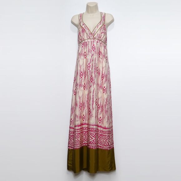 Ann Taylor LOFT 100% Silk Tribal Print Pink Cream Crossover Maxi Dress Size 0 - Picture 1 of 9